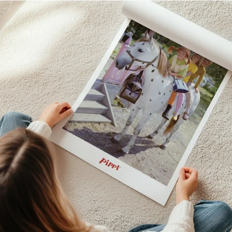 affiche de fifi brindacier avec annika et tommy souriants montes sur un cheval b en rouleau.webp