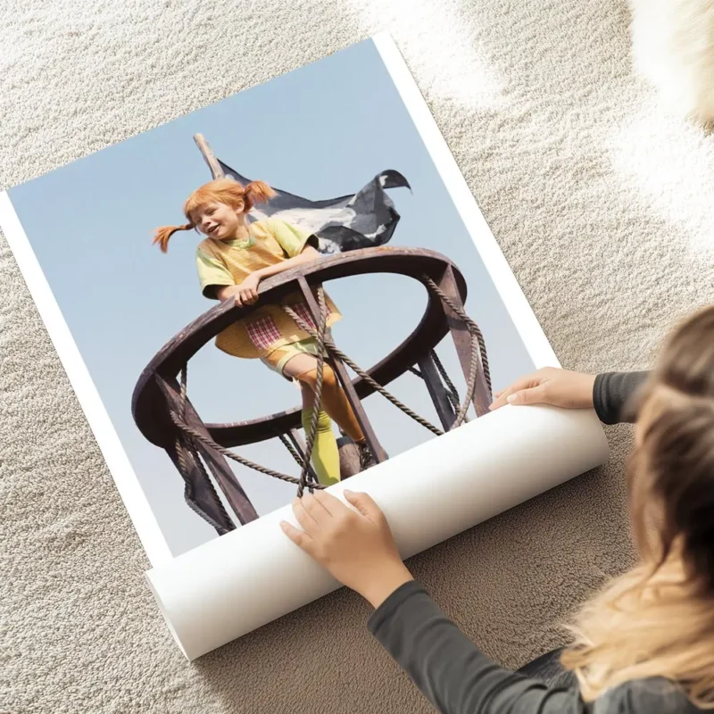 affiche de fifi brindacier avec ses tresses rousses souriante dans un nid de pie au sol.webp