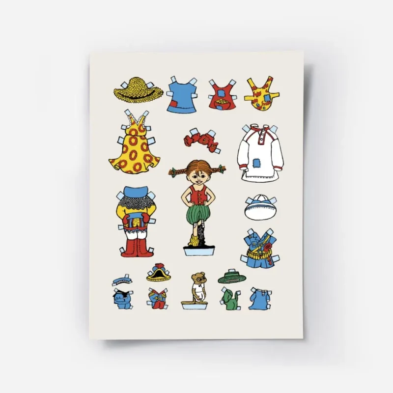 affiche de fifi brindacier en poupee decoupee avec divers vetements et accessoir.webp