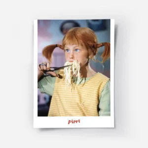 affiche de fifi brindacier mangeant des spaghetti colores avec des ciseaux typog.webp