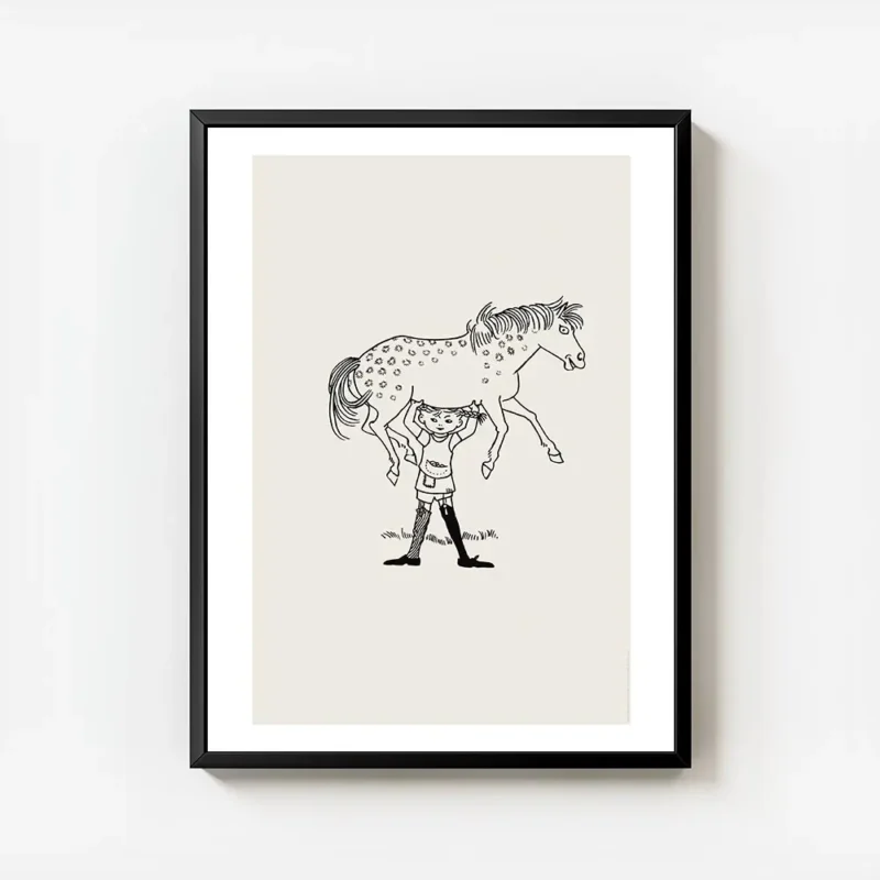 affiche de fifi brindacier soulevant son cheval illustration classique en noir e avec cadre.webp
