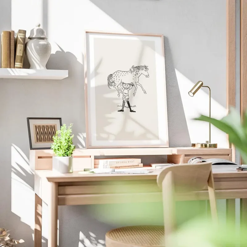 affiche de fifi brindacier soulevant son cheval illustration classique en noir e bureau.webp