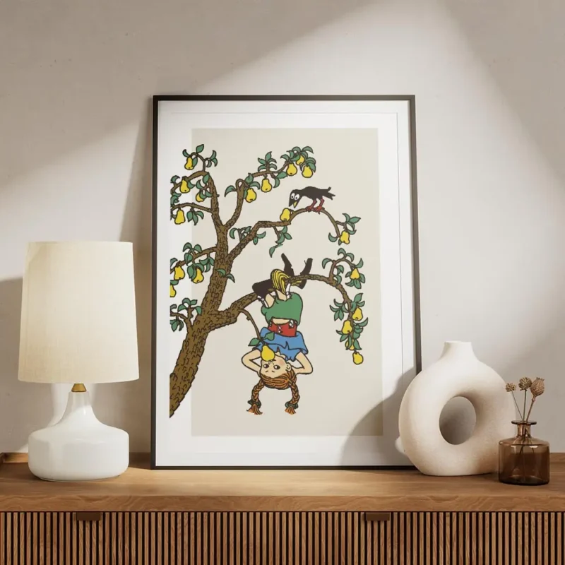 affiche de fifi brindacier suspendue a lenvers dans un arbre colore avec des poi meuble.webp