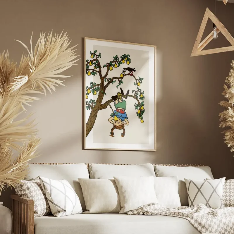 affiche de fifi brindacier suspendue a lenvers dans un arbre colore avec des poi salon.webp
