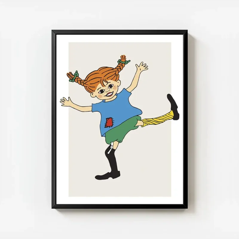 affiche de fifi brindacier une fille rousse souriante avec des tresses levant le avec cadre.webp