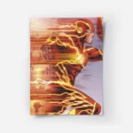 affiche de flash super heros courant laissant des trainees de lumiere oranges et.webp