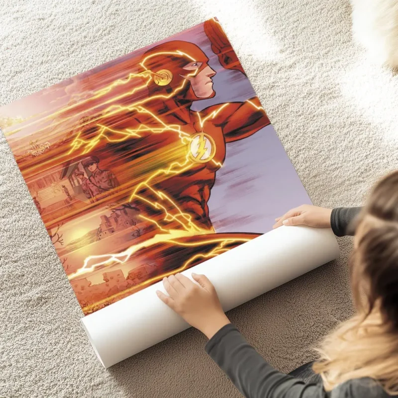 affiche de flash super heros courant laissant des trainees de lumiere oranges et au sol.webp
