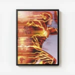 affiche de flash super heros courant laissant des trainees de lumiere oranges et avec cadre.webp