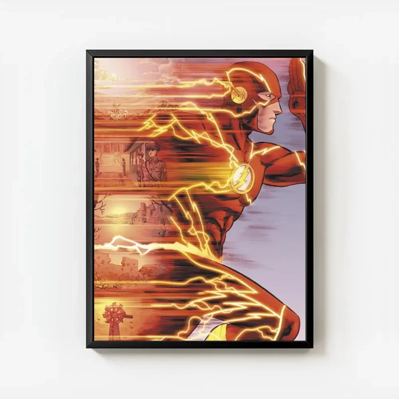 affiche de flash super heros courant laissant des trainees de lumiere oranges et avec cadre.webp