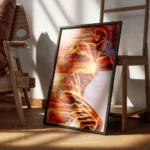 affiche de flash super heros courant laissant des trainees de lumiere oranges et encadre.webp