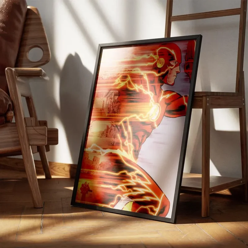 affiche de flash super heros courant laissant des trainees de lumiere oranges et encadre.webp