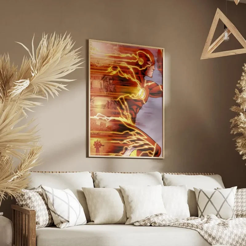 affiche de flash super heros courant laissant des trainees de lumiere oranges et salon.webp
