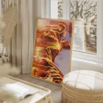 affiche de flash super heros courant laissant des trainees de lumiere oranges et salon beige.webp