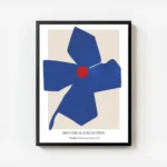 affiche de fleur abstraite bleue avec un cercle rouge au centre sur fond beige p avec cadre.webp