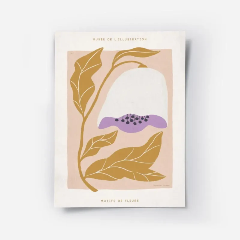 affiche de fleur blanche et lilas a feuilles jaunes sur fond rose clair typograp.webp