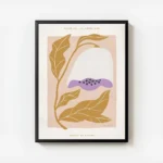 affiche de fleur blanche et lilas a feuilles jaunes sur fond rose clair typograp avec cadre.webp
