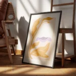 affiche de fleur blanche et lilas a feuilles jaunes sur fond rose clair typograp encadre.webp