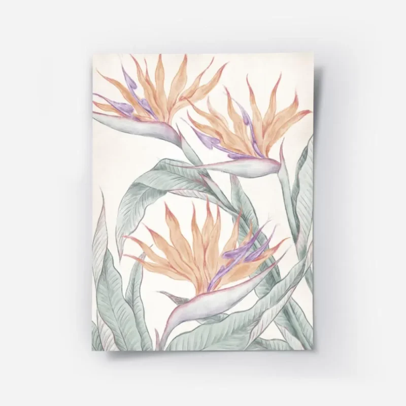 affiche de fleur oiseau de paradis avec des fleurs oranges et violettes sur fond.webp