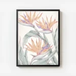 affiche de fleur oiseau de paradis avec des fleurs oranges et violettes sur fond avec cadre.webp
