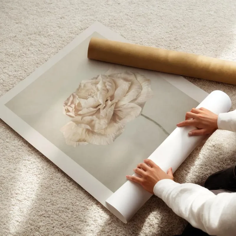 affiche de fleur rose pale vintage petales delicats sur fond texture beige enroule.webp