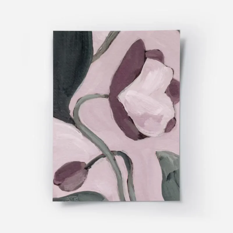 affiche de fleur violette avec des branches vertes sur fond rose clair style pei.webp