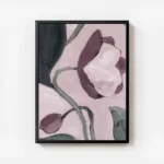 affiche de fleur violette avec des branches vertes sur fond rose clair style pei avec cadre.webp