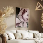 affiche de fleur violette avec des branches vertes sur fond rose clair style pei salon.webp