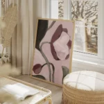 affiche de fleur violette avec des branches vertes sur fond rose clair style pei salon beige.webp