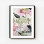 affiche de fleurs abstraites avec une peinture texturee en rose vert et blanc avec cadre.webp