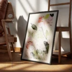 affiche de fleurs abstraites avec une peinture texturee en rose vert et blanc encadre.webp