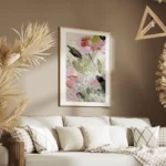 affiche de fleurs abstraites avec une peinture texturee en rose vert et blanc salon.webp