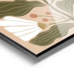 affiche de fleurs abstraites blanches avec des feuilles vertes sur fond rose aluminium.webp