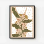 affiche de fleurs abstraites blanches avec des feuilles vertes sur fond rose avec cadre.webp
