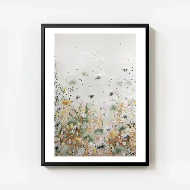 affiche de fleurs abstraites et de plantes en differentes couleurs sur fond gris avec cadre.webp