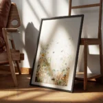 affiche de fleurs abstraites et de plantes en differentes couleurs sur fond gris encadre.webp