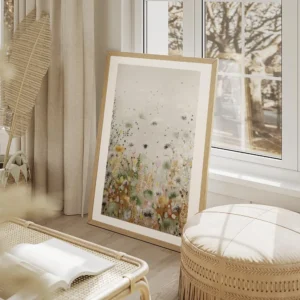 affiche de fleurs abstraites et de plantes en differentes couleurs sur fond gris salon beige.webp