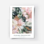 affiche de fleurs abstraites roses et vertes avec un texte bleu et typographie n.webp