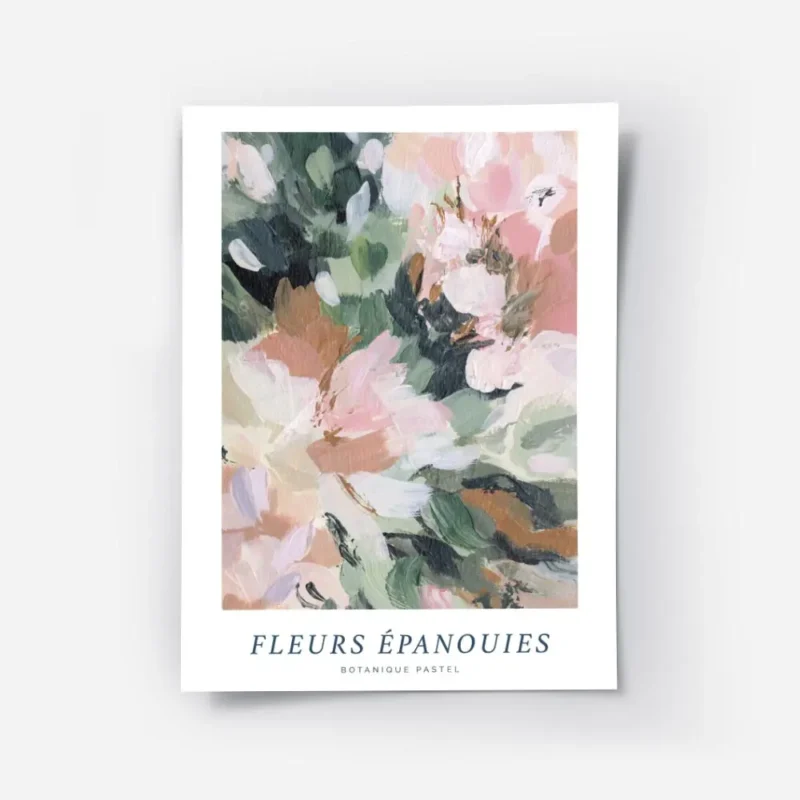 affiche de fleurs abstraites roses et vertes avec un texte bleu et typographie n.webp