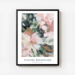 affiche de fleurs abstraites roses et vertes avec un texte bleu et typographie n avec cadre.webp