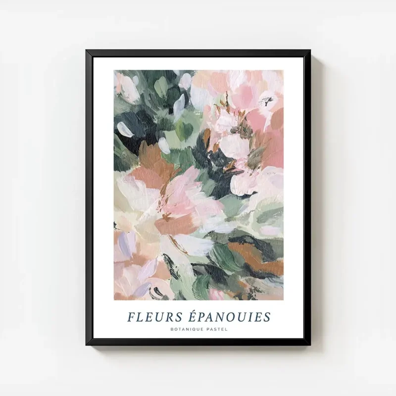 affiche de fleurs abstraites roses et vertes avec un texte bleu et typographie n avec cadre.webp