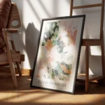 affiche de fleurs abstraites roses et vertes avec un texte bleu et typographie n encadre.webp