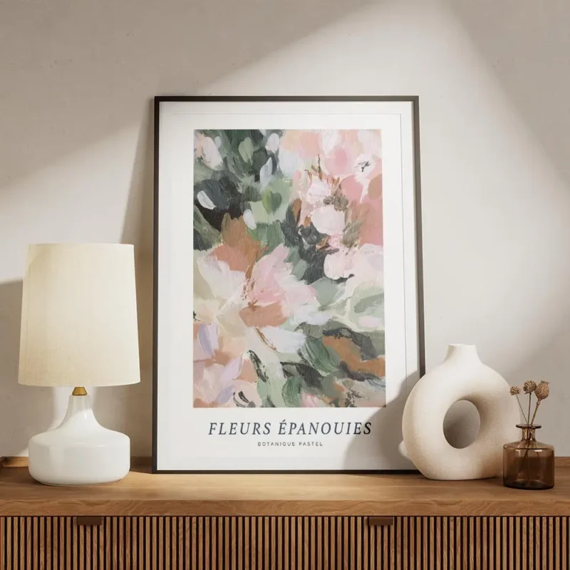 affiche de fleurs abstraites roses et vertes avec un texte bleu et typographie n meuble.webp