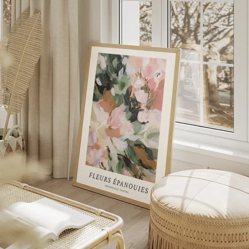 affiche de fleurs abstraites roses et vertes avec un texte bleu et typographie n salon beige.webp