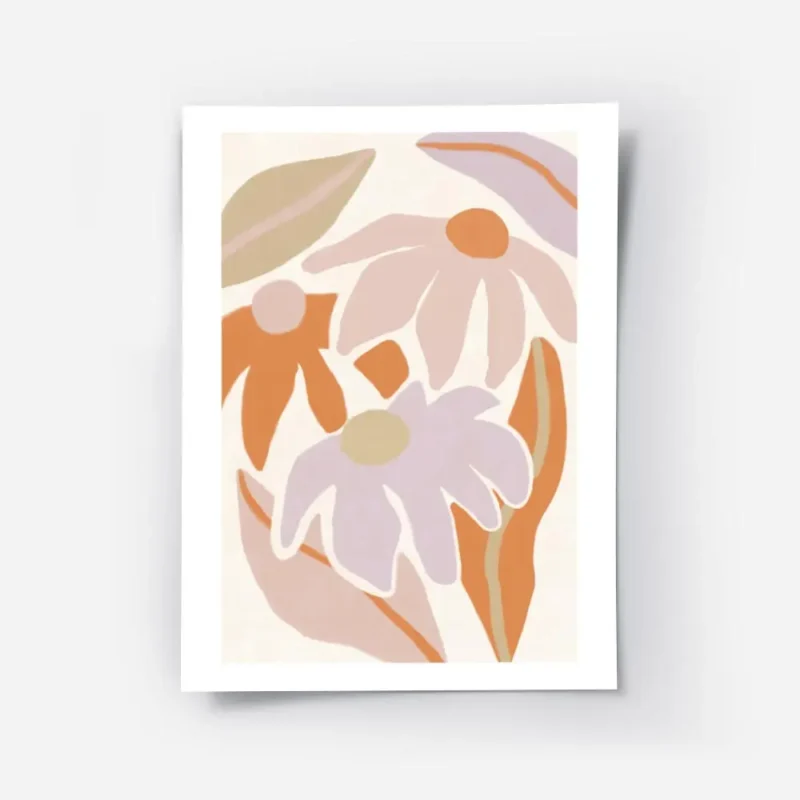 affiche de fleurs abstraites roses orange et violettes sur fond clair.webp