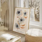 affiche de fleurs aquarelles grises et oranges avec typographie sur fond beige p salon beige.webp