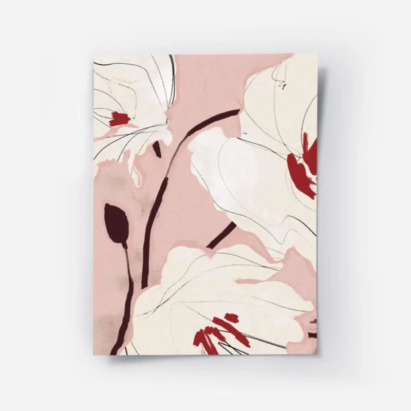 affiche de fleurs blanches avec des details rouges sur fond rose pale style pein.webp