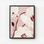 affiche de fleurs blanches avec des details rouges sur fond rose pale style pein avec cadre.webp