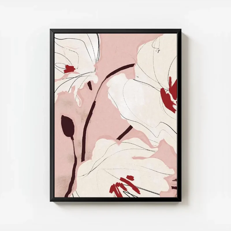 affiche de fleurs blanches avec des details rouges sur fond rose pale style pein avec cadre.webp