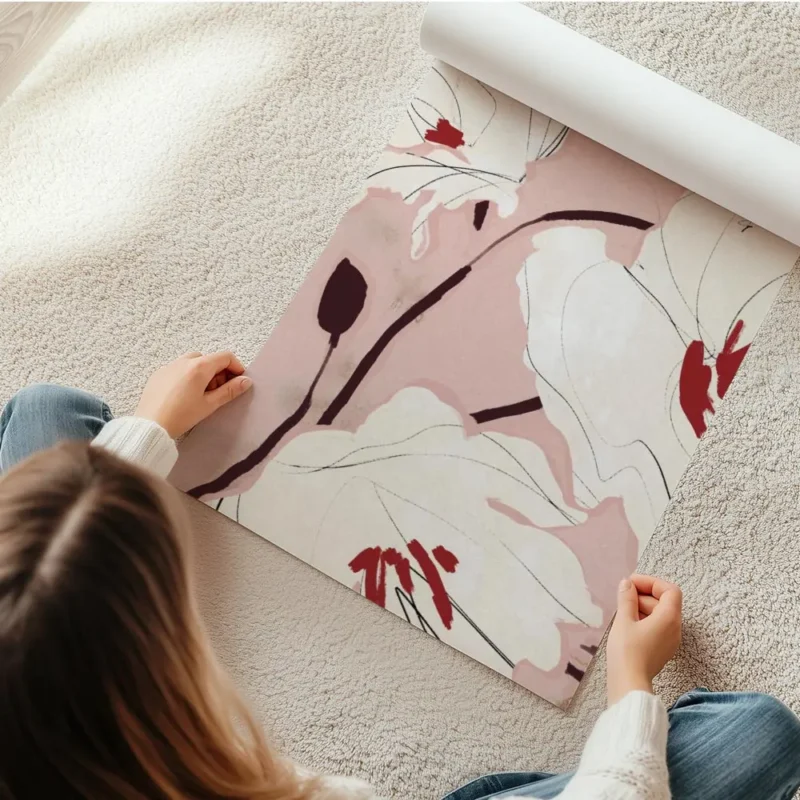 affiche de fleurs blanches avec des details rouges sur fond rose pale style pein en rouleau.webp