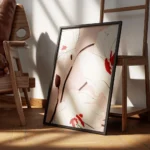 affiche de fleurs blanches avec des details rouges sur fond rose pale style pein encadre.webp